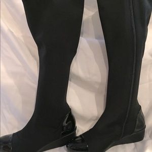 Black fabric and patent leather high boots